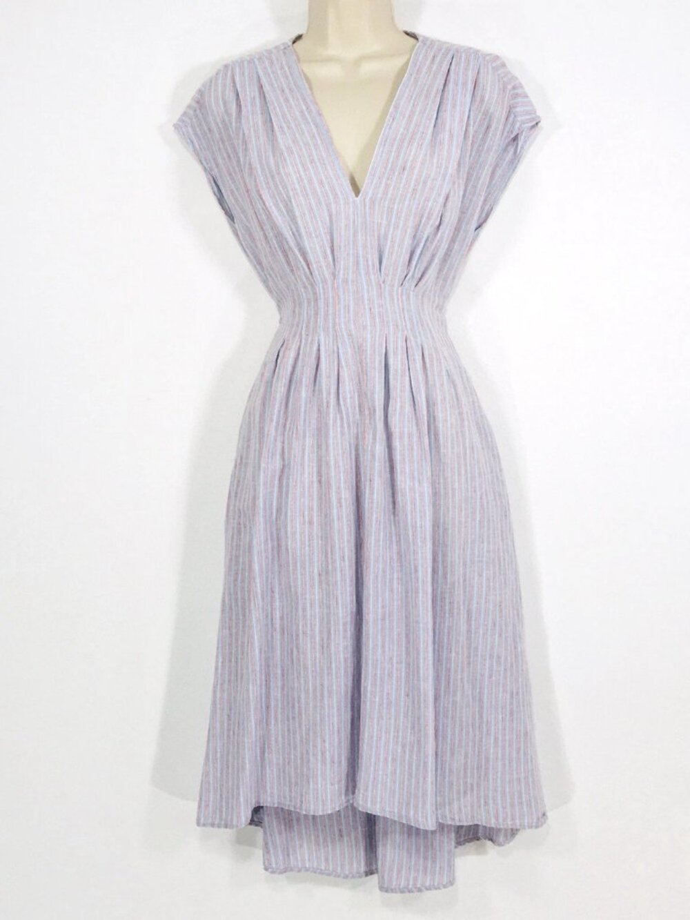 Max Studio Striped Linen Blend Dress Sz S Stretch Waist Preppy Beach Coastal
